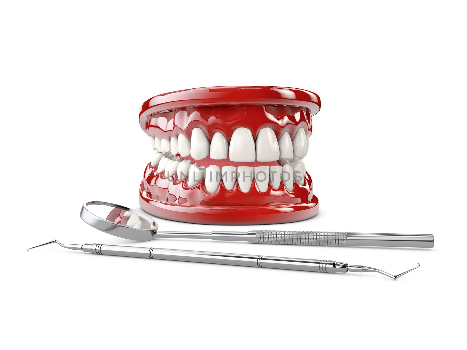 White healthy perfect teeth plastic model. Dental health 3d illustration by tussik