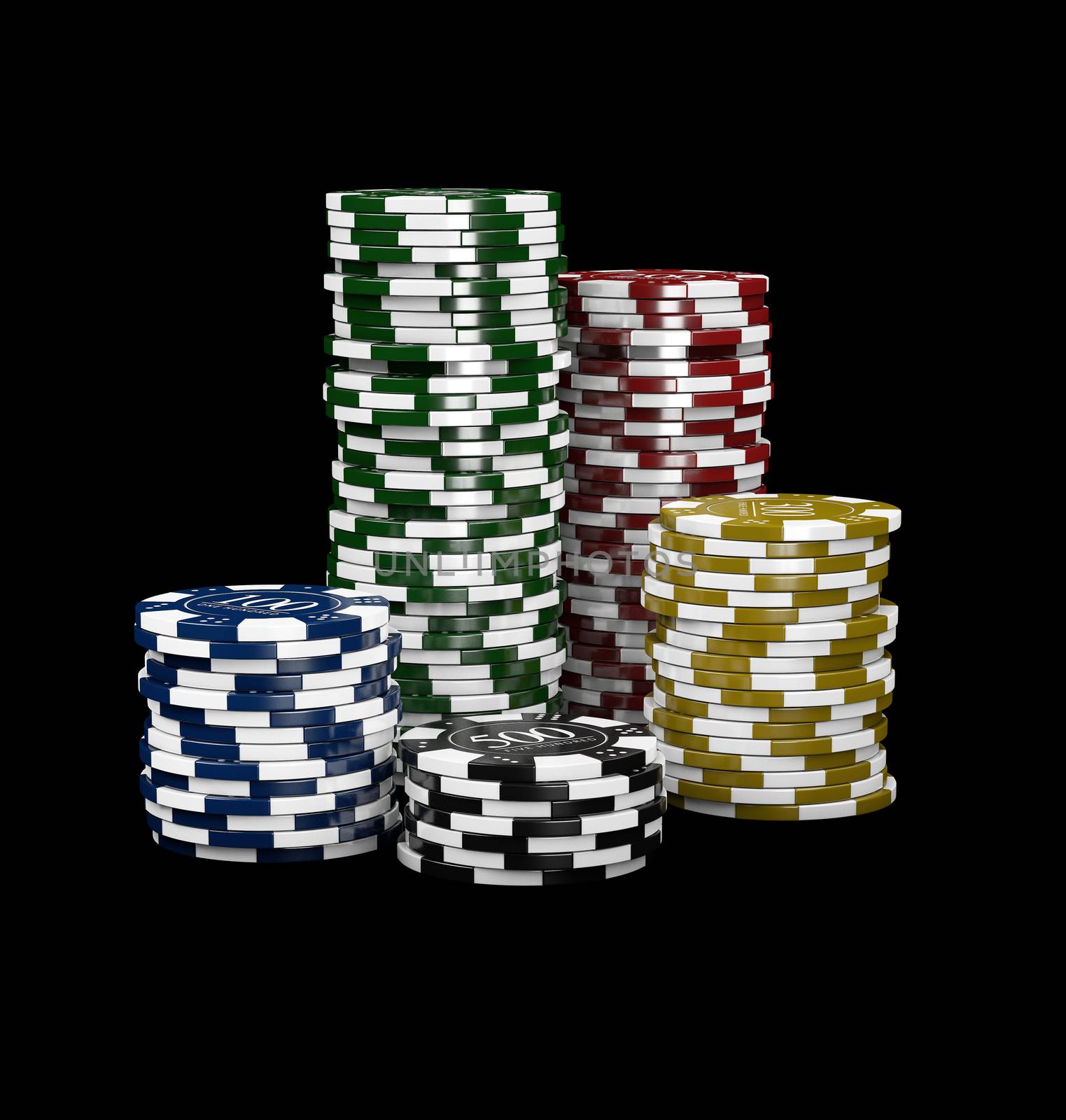 3d Illustration of casino chips isolated on black realistic theme.