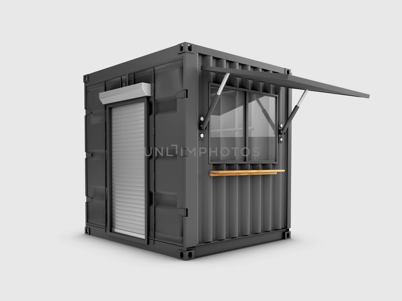 3d Illustration of Converted old shipping container into cafe, isolated gray by tussik