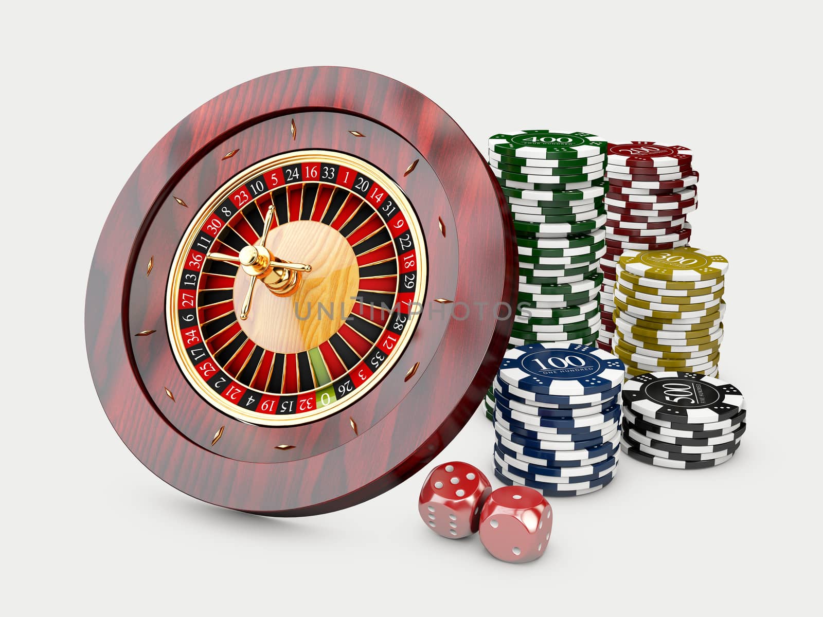 Casino chips stacks with roulette and dice. 3d Illustration on white background.