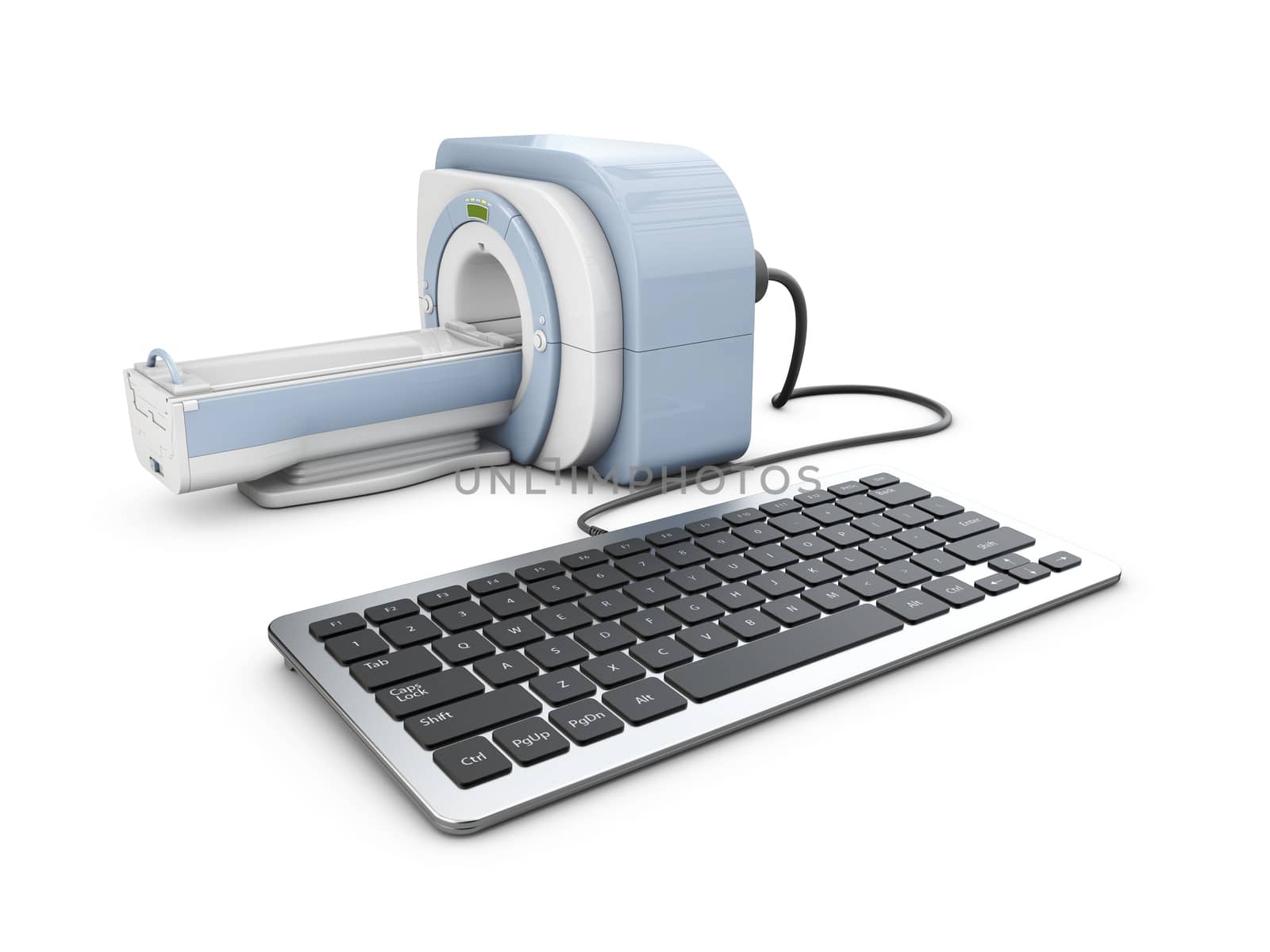 3d illustration of keyboard and magnetic resonance imaging machine.