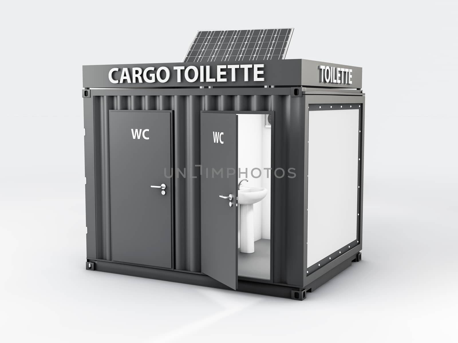 3d Illustration of Converted old shipping container into wc cabine, isolated white.