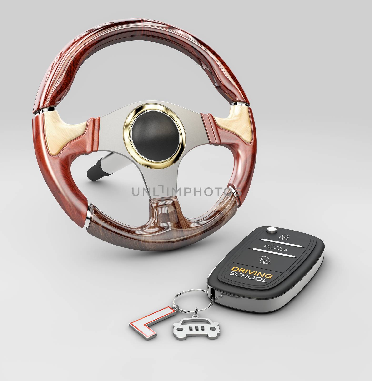 3d rendering of steering wheel with auto key, isolated on gray by tussik