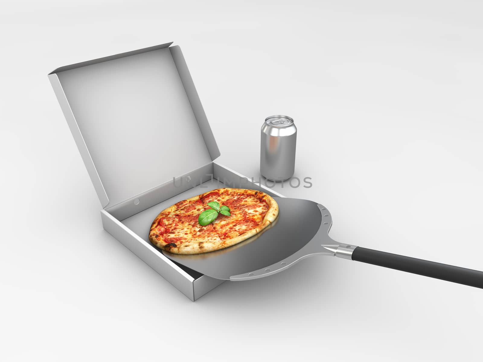 3d illustration of Pizza in a cardboard box, Pizza delivery. Pizza menu