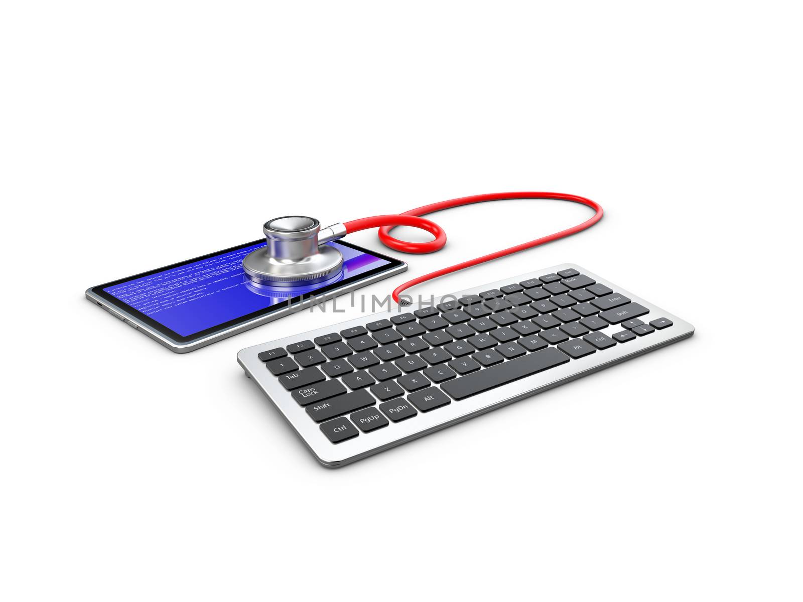 3d Illustration of Stethoscope lying with keyboard and planshet, repair concept.