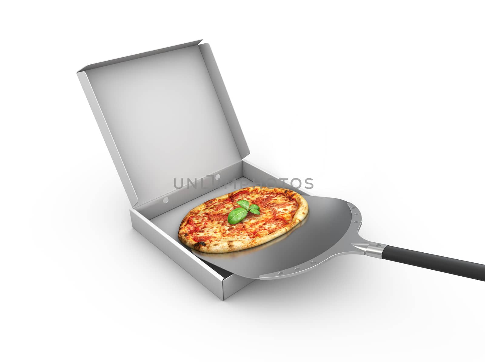 3d illustration of Pizza in a cardboard box, Pizza delivery. Pizza menu. by tussik