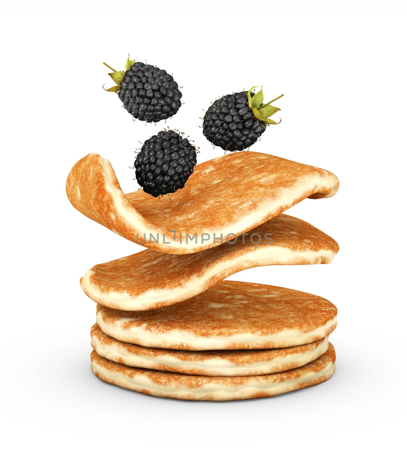 3d Illustration of pancake with fresh blackberry isolated on white background.