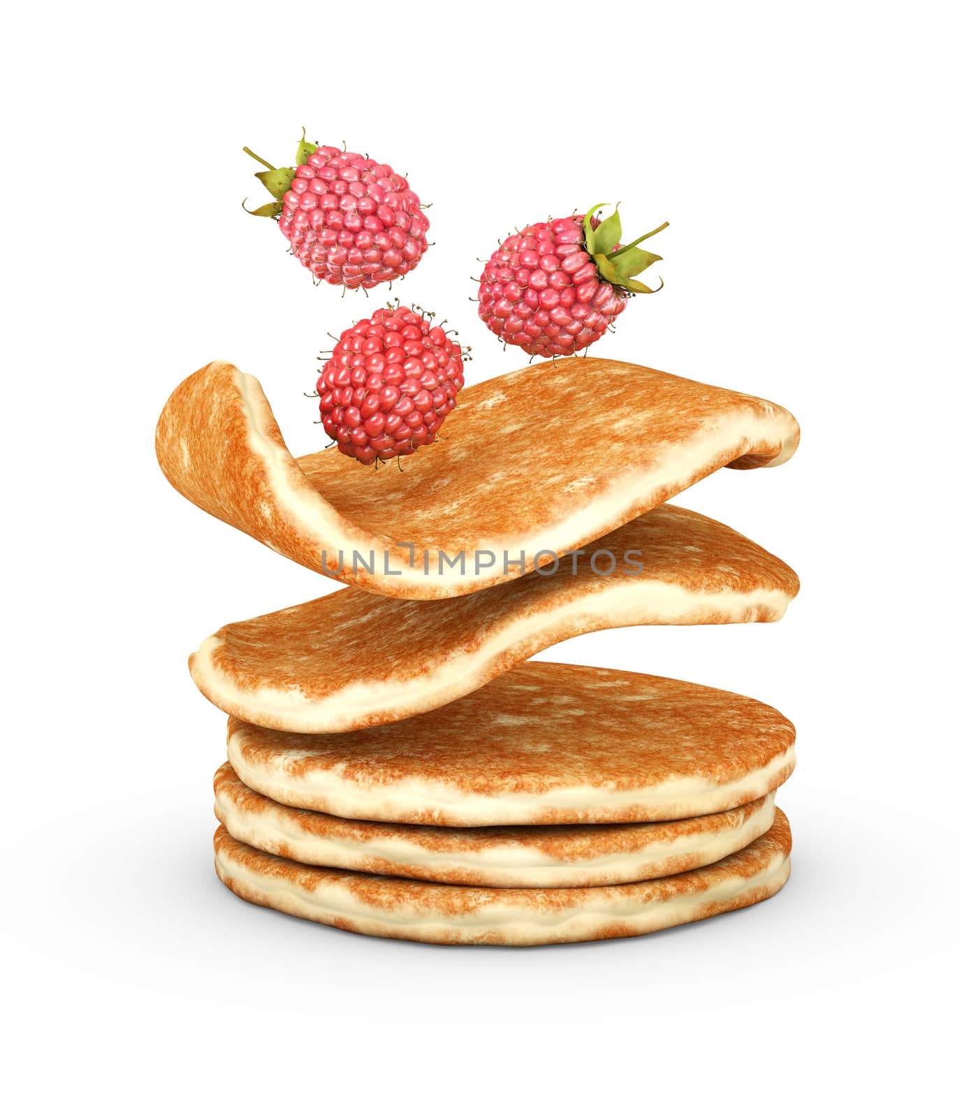 3d Illustration of pancake with fresh raspberries isolated on white background.