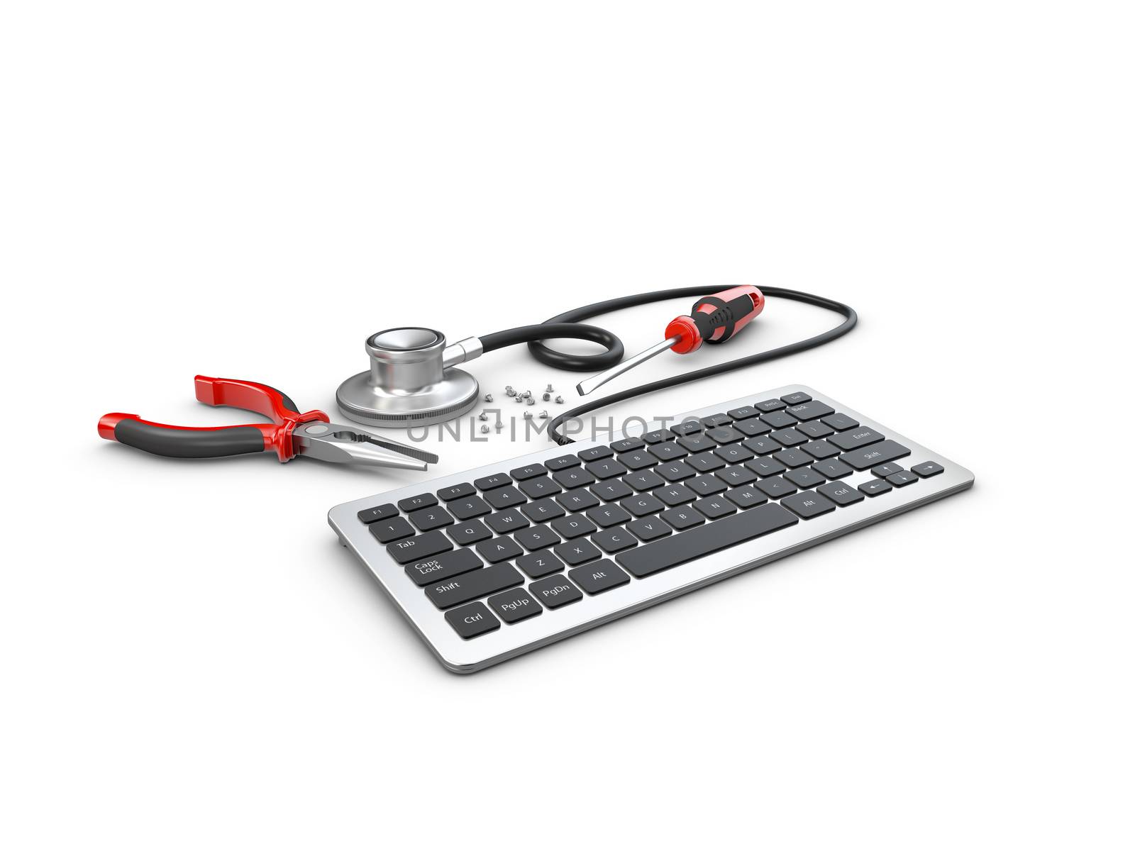 3d Illustration of Stethoscope lying with keyboard. repair concept by tussik