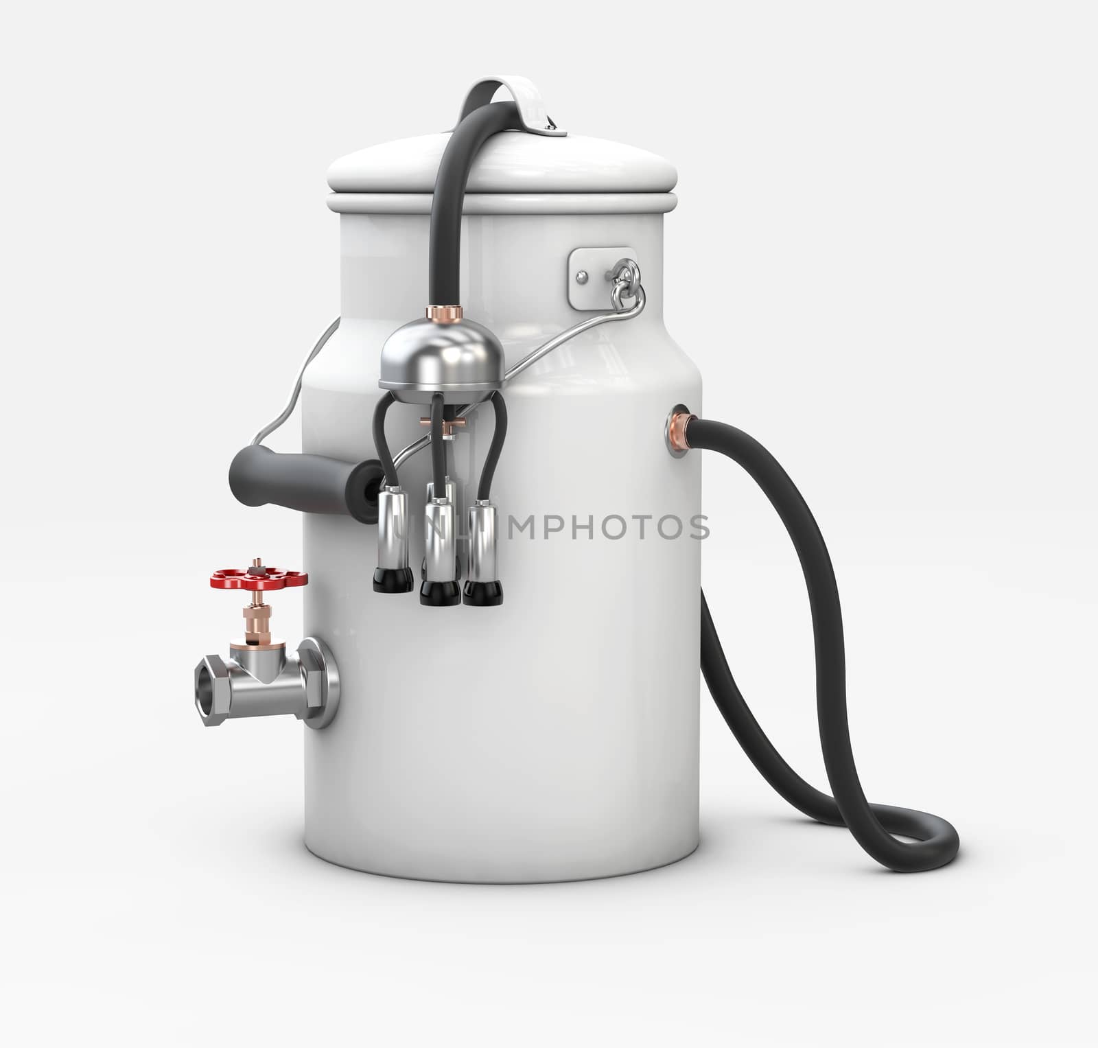 3d Illustration of milk pot with milking unit on white background.