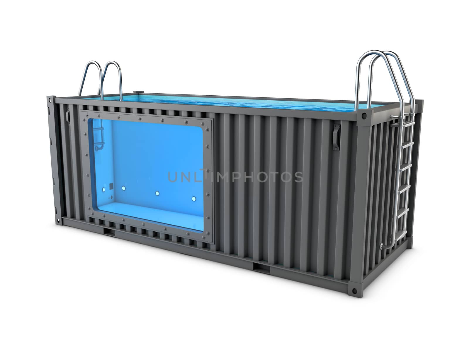 3d Illustration of Converted old shipping container into swimming pool, isolated white.