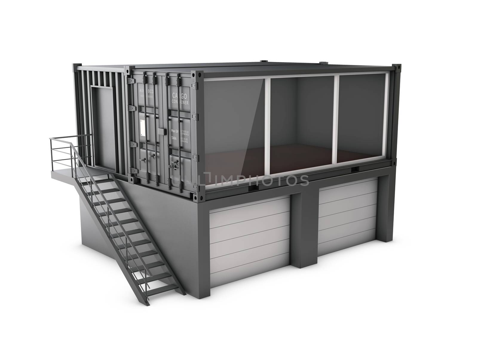 Converted old shipping container, 3d Illustration isolated gray.