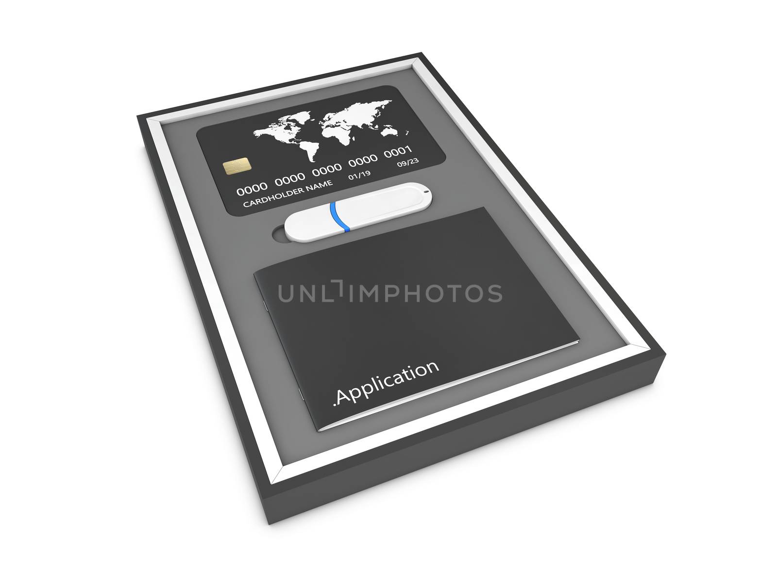 Software black box with credit card and usb flash drive isolated on white background. 3d Illustration by tussik