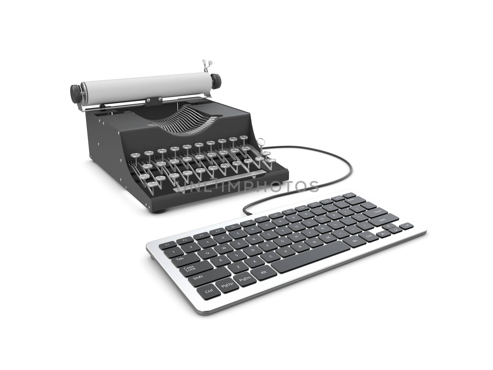 3d illustration of Old typewriter and laptop on table. Concept of technology progress.