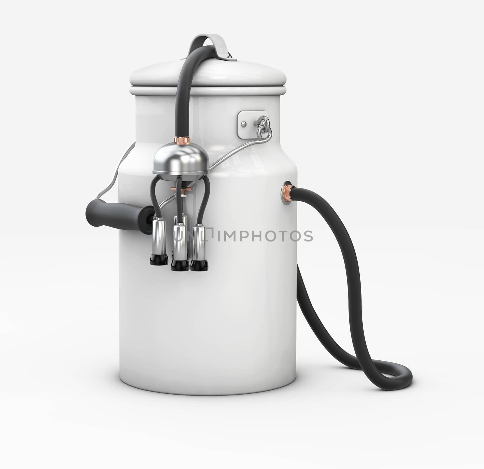 3d Illustration of milk pot with milking unit on white background by tussik