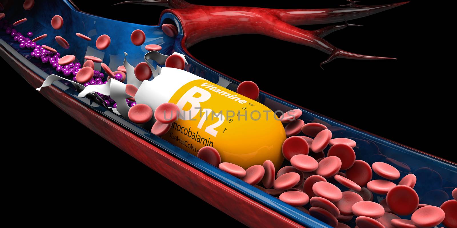 3d Illustration of Vitamin B12 Capsule dissolves in the vien by tussik