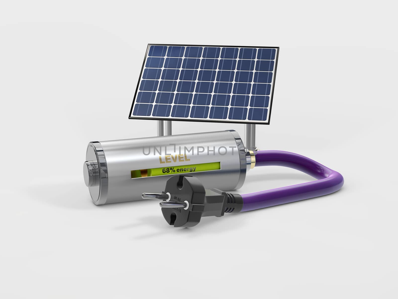 3d Illustration of charge battery with power plug and solar battery on gray background by tussik