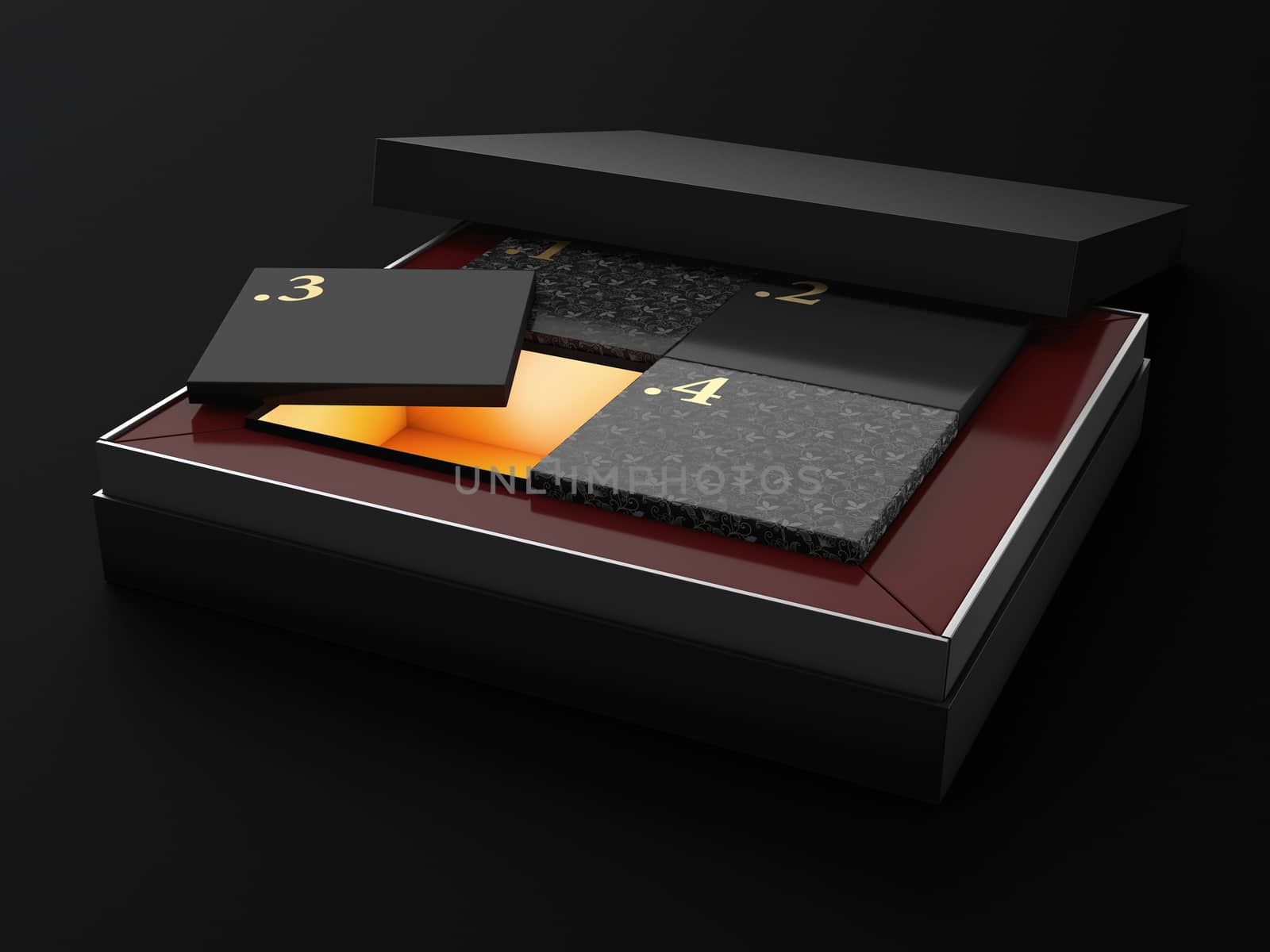 3d Illustration of open rectangular box with boxes inside, isolated black background by tussik