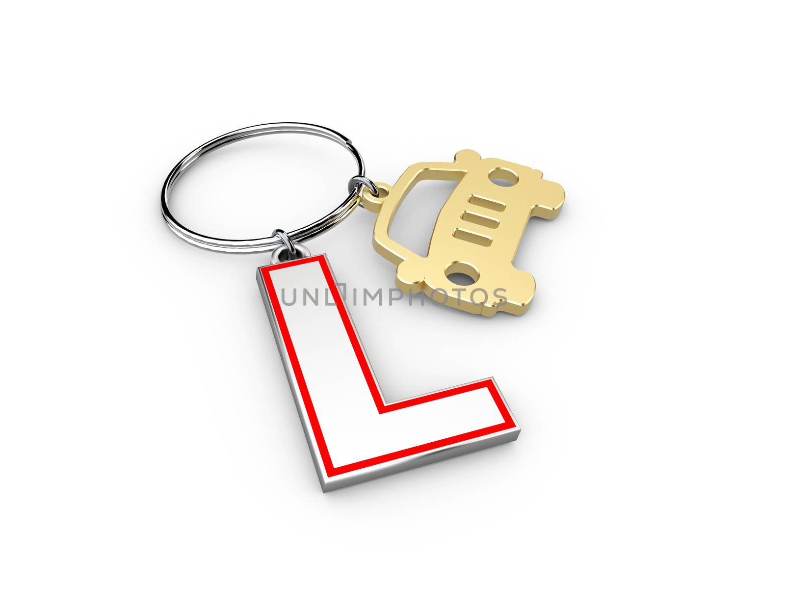 3d Illustration of The gold car and driving school sign, driving school concept.