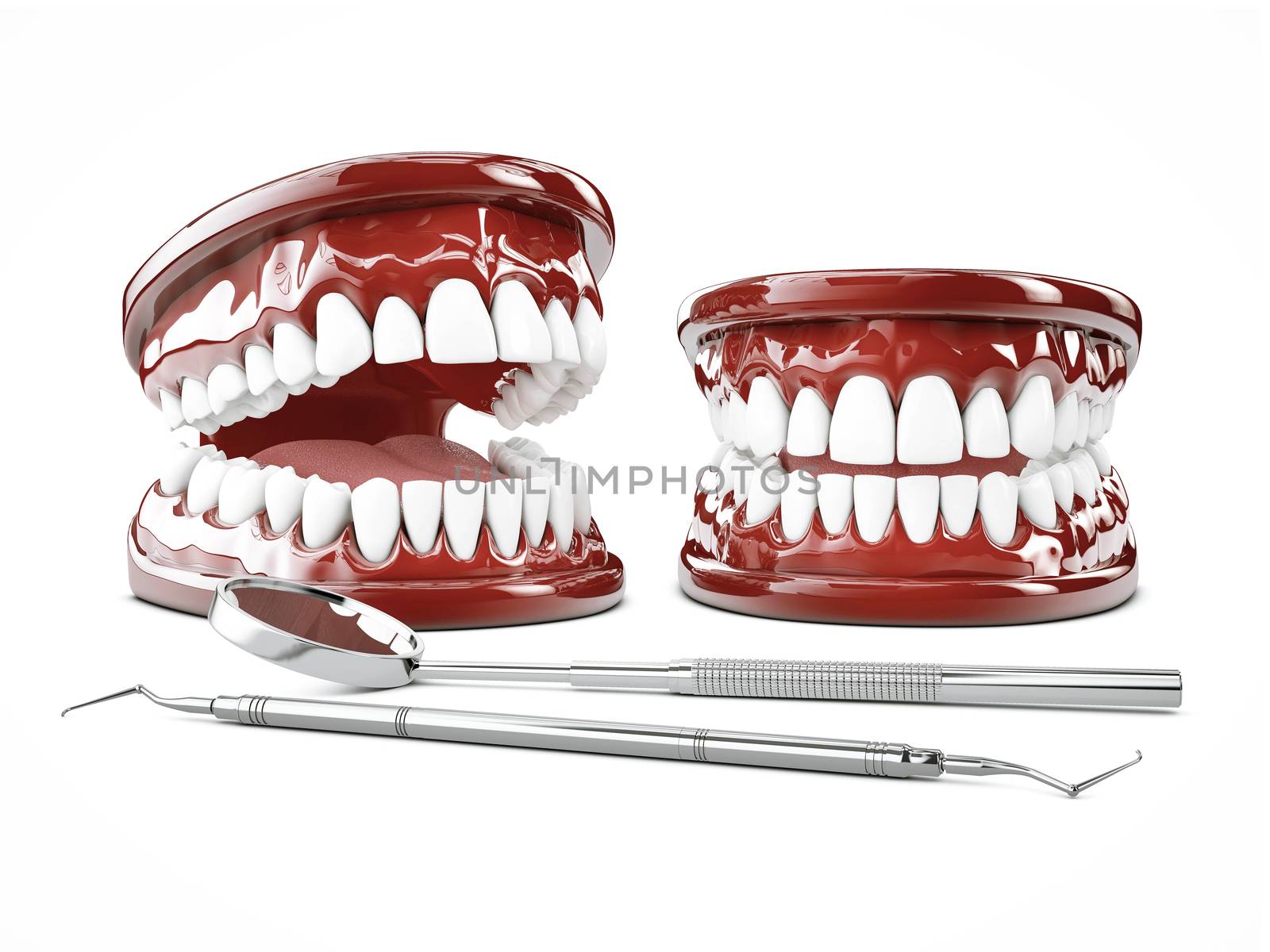 3d Illustration of human teeth, open and close mouth on white background by tussik
