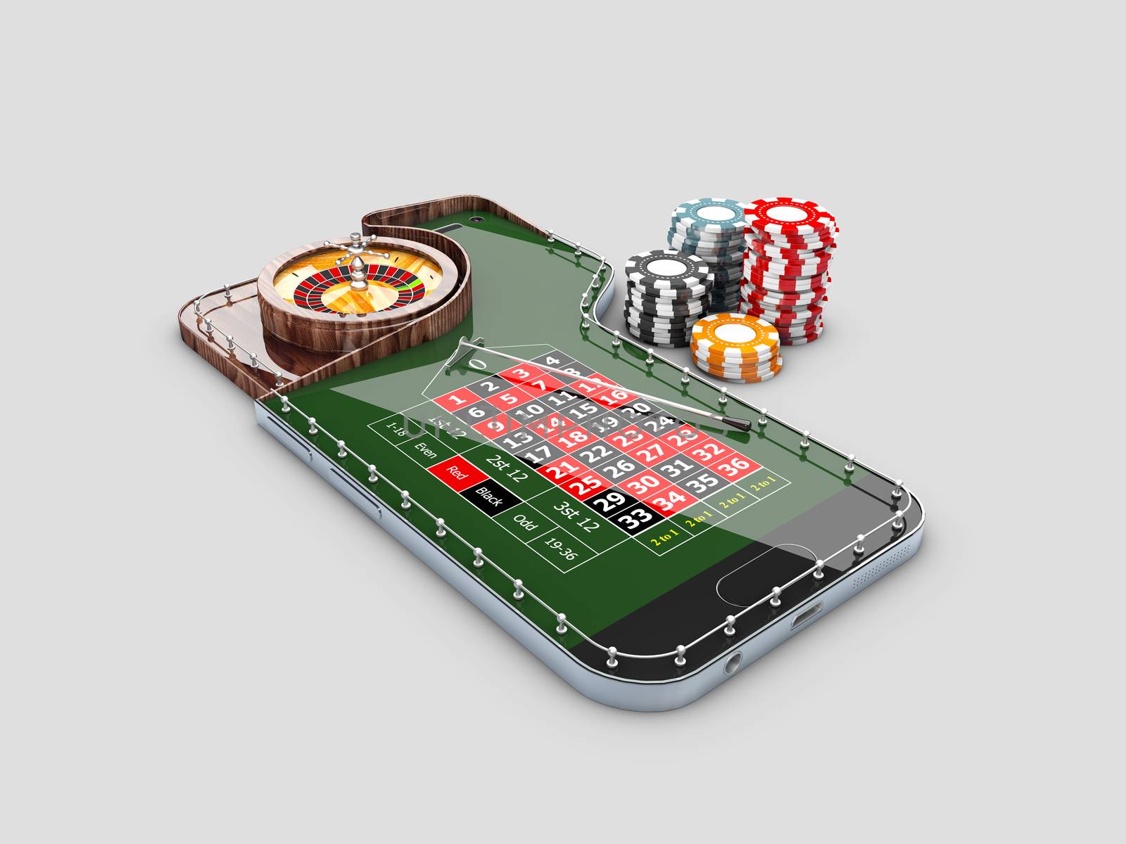 3d Illustration of realistic casino roulette table, on the phone screen. Casino online concept.