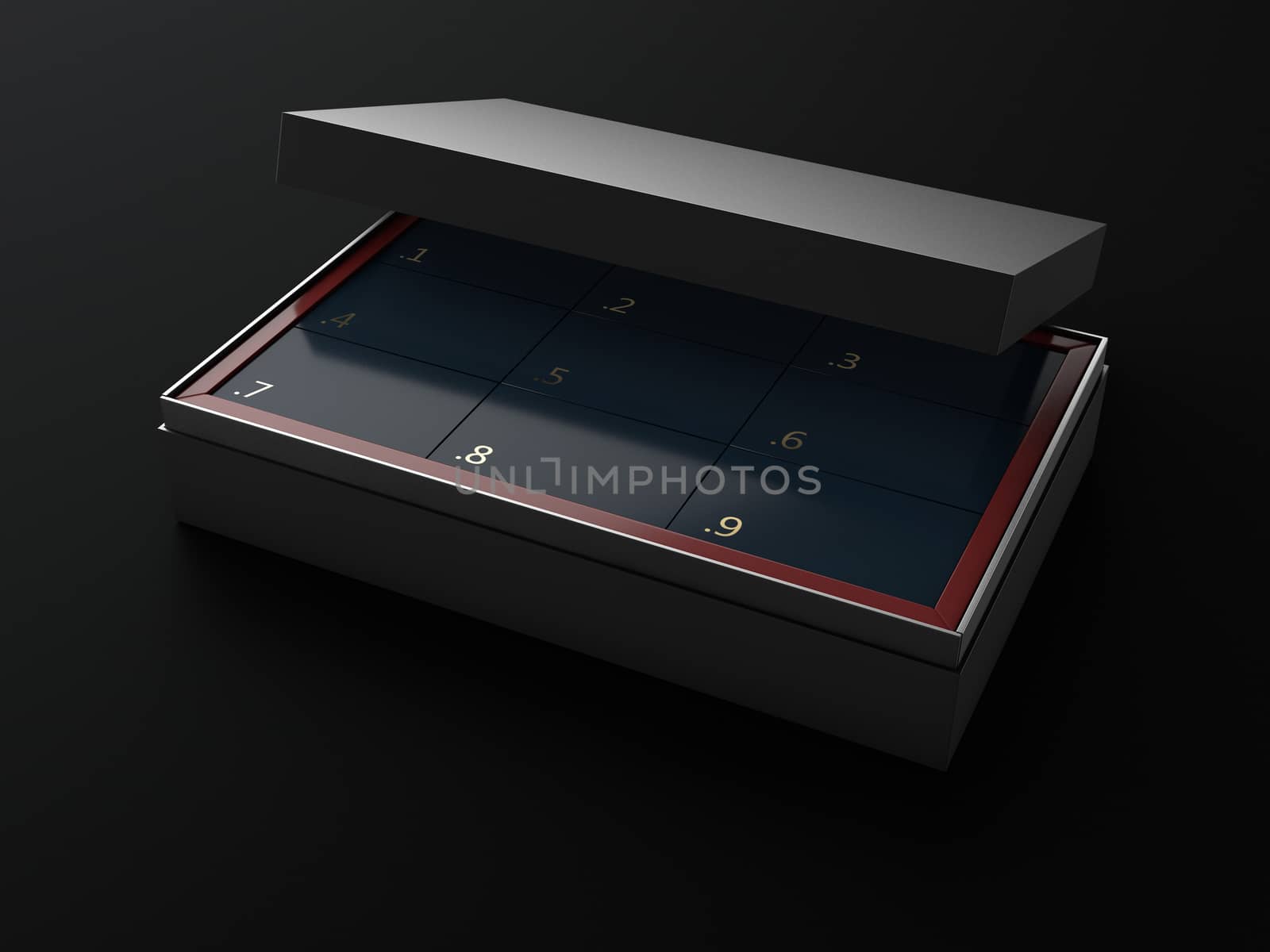 3d Illustration of blank open rectangular box with boxes inside, isolated black background.