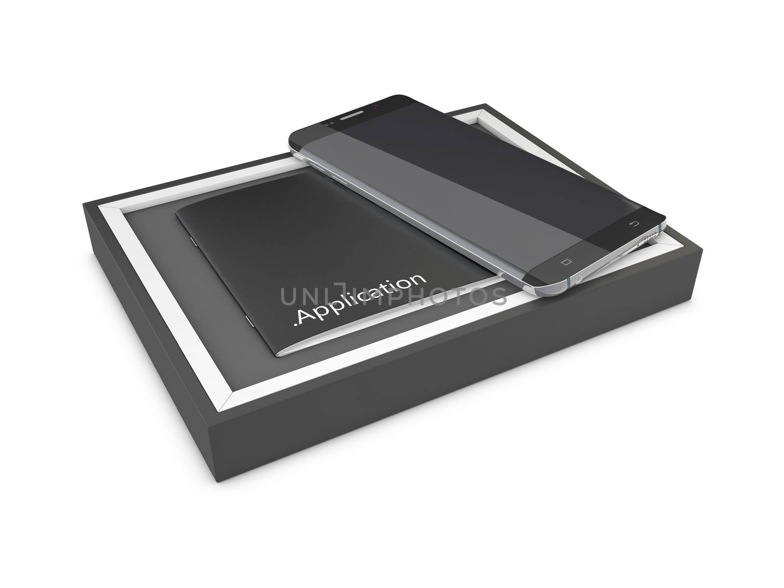 Black opened rectangular box with black mobile phone on white background, 3d rendering by tussik