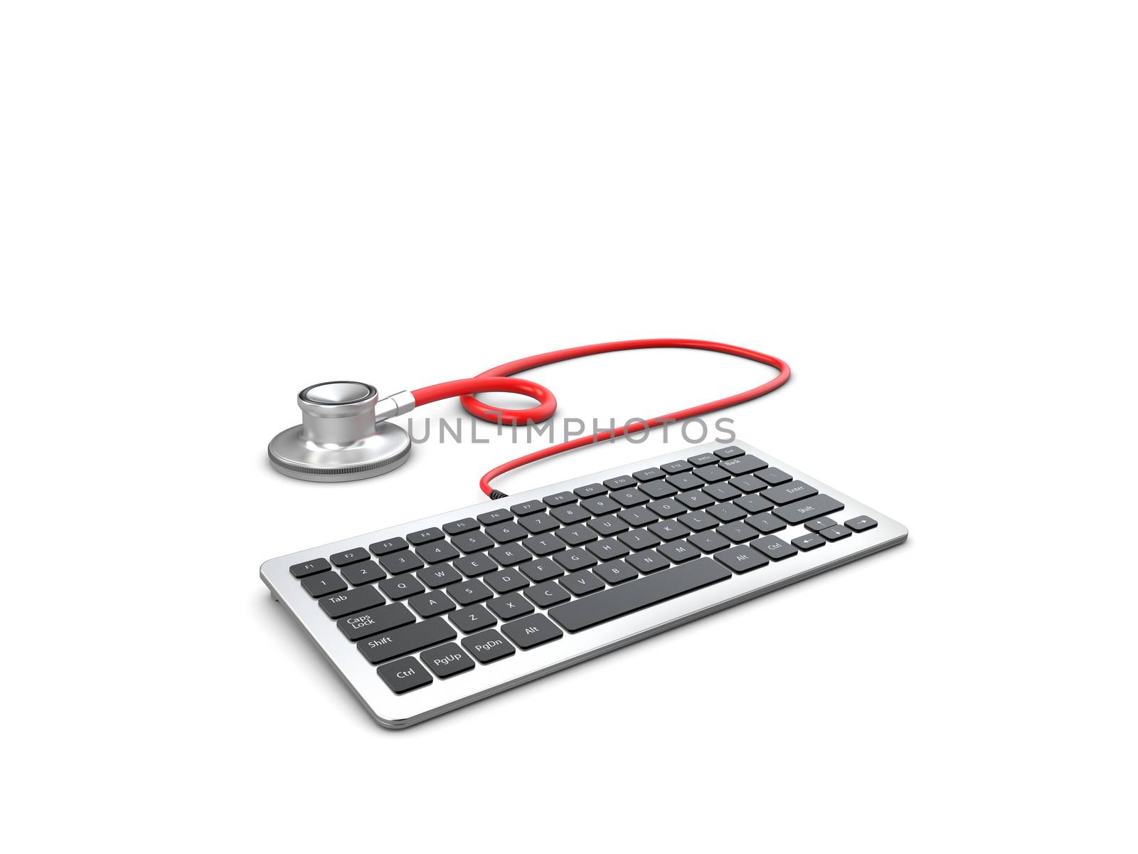3d Illustration of Stethoscope lying with keyboard. repair concept by tussik