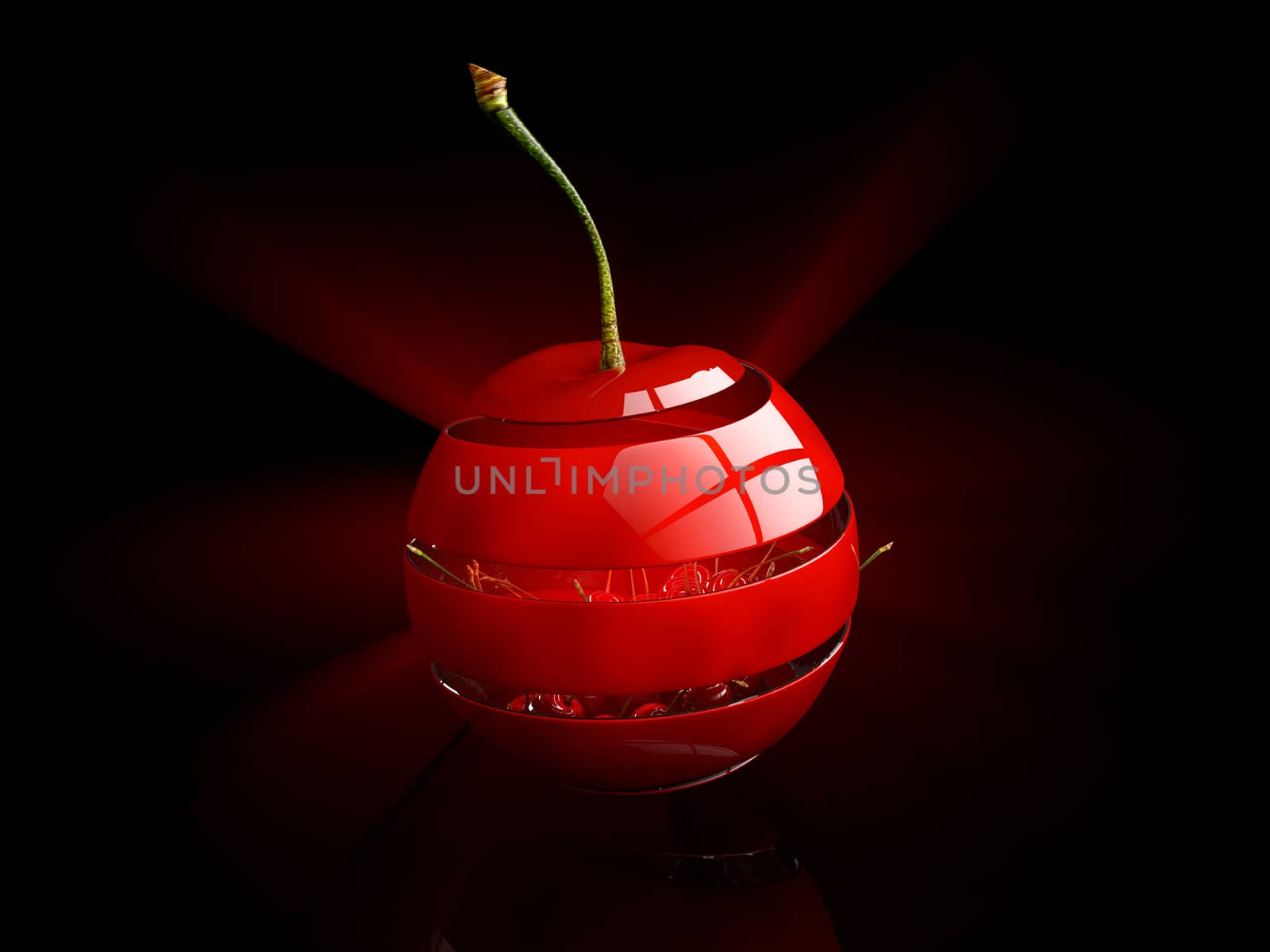 3d Illustration of red cherry close up on a black Isolated