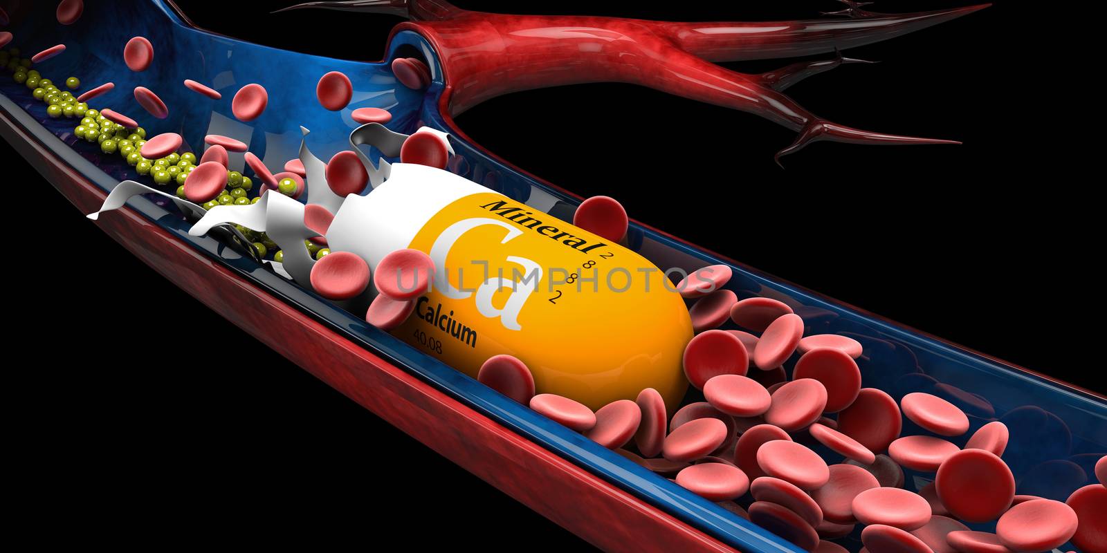 3d Illustration of Mineral Calcium Capsule dissolves in the vien by tussik