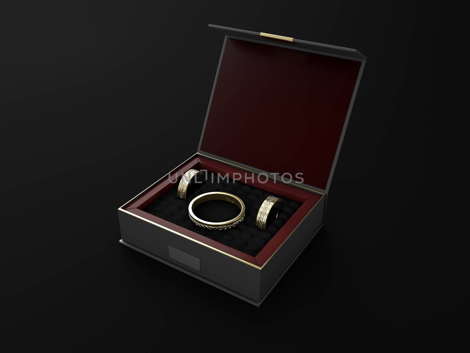 3d Illustration of Open square black gift box with ring and earrings on black background. by tussik