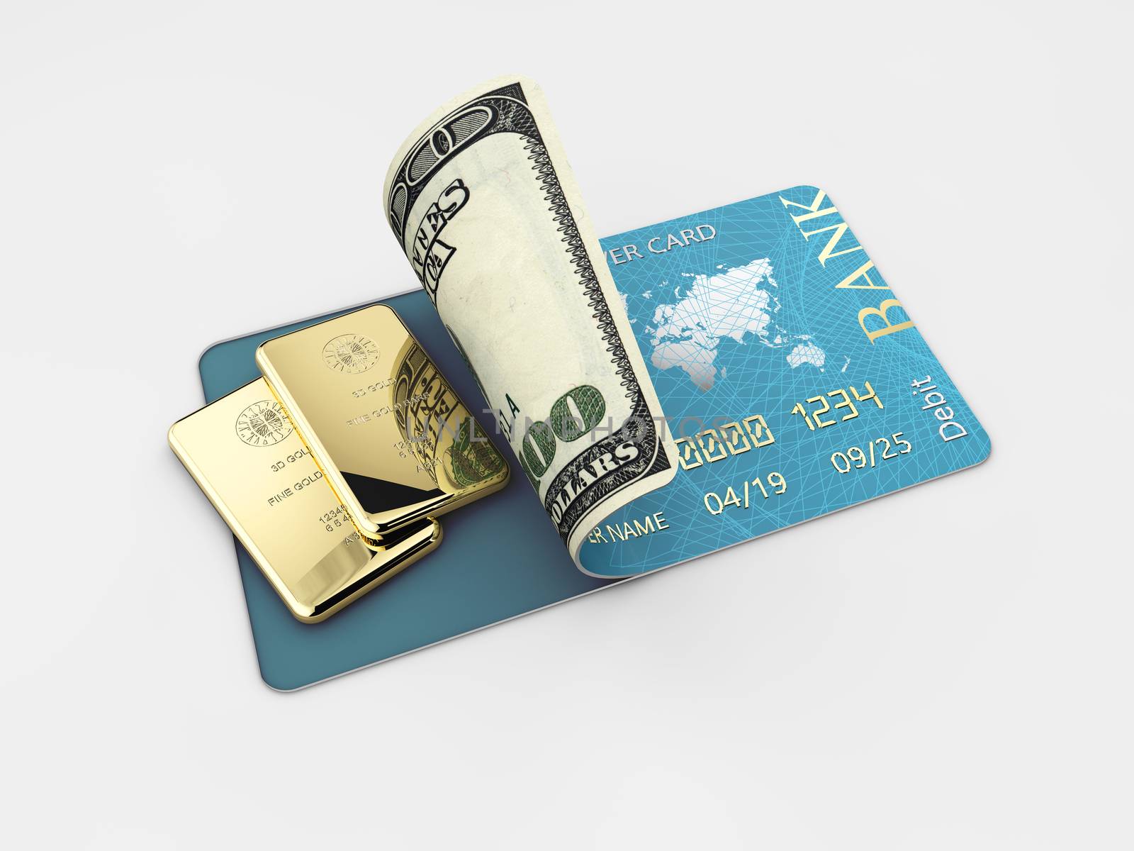 3D illustration of glossy blue credit card and gold bar isolated on gray background by tussik