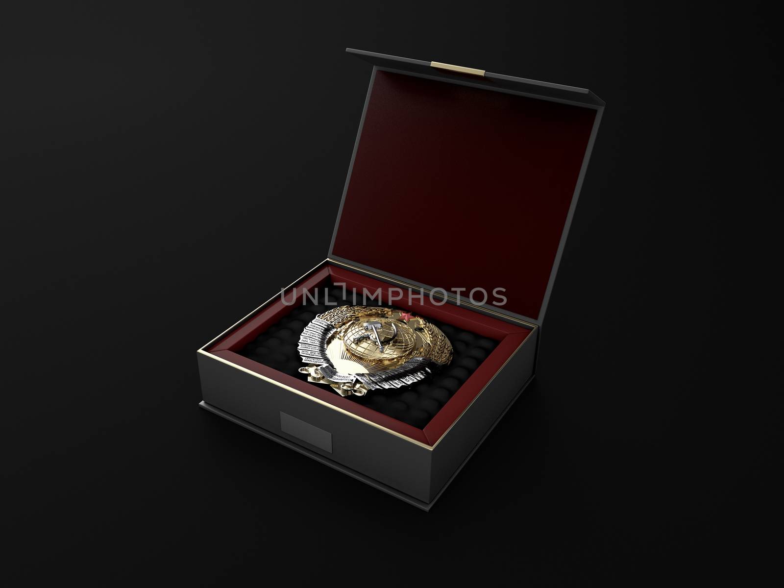 3d Illustration of Open square black gift box with gold emblem of the USSR on black background.