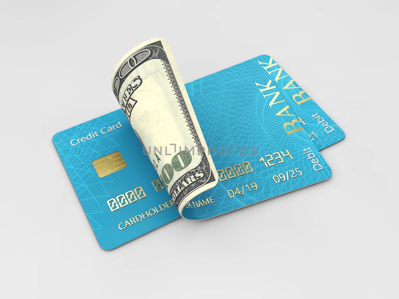 3D illustration of glossy blue credit card and dollars isolated on gray background by tussik