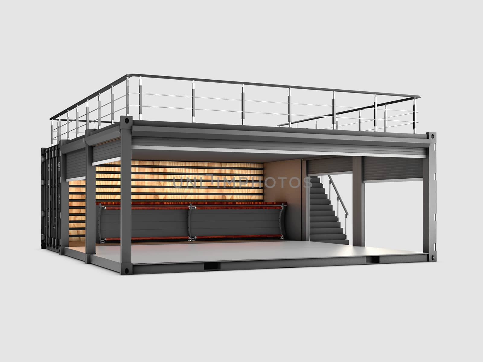 3d Illustration of Converted old shipping container into cafe, isolated gray by tussik