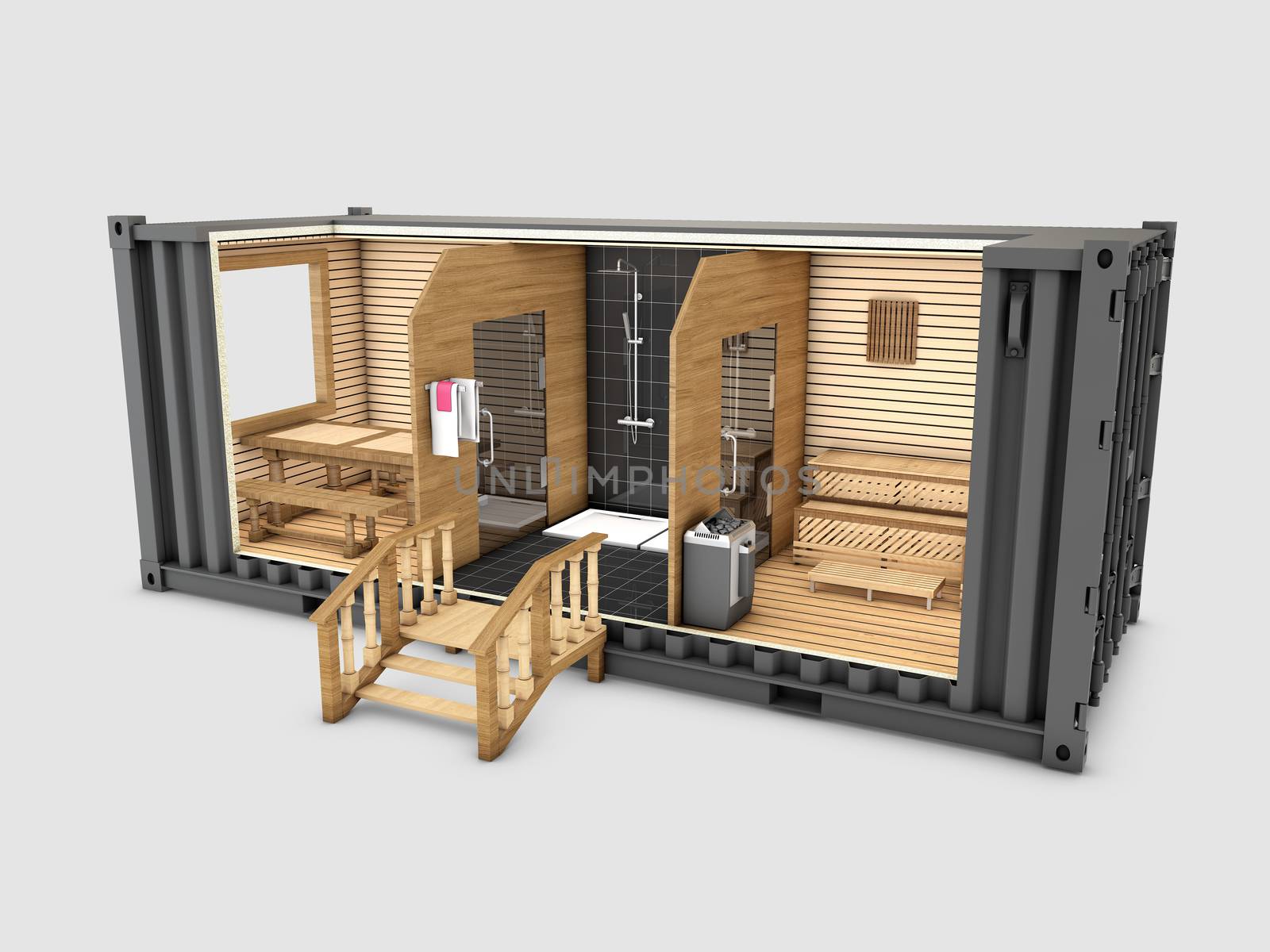 Converted old shipping container into sauna, 3d Illustration isolated gray.