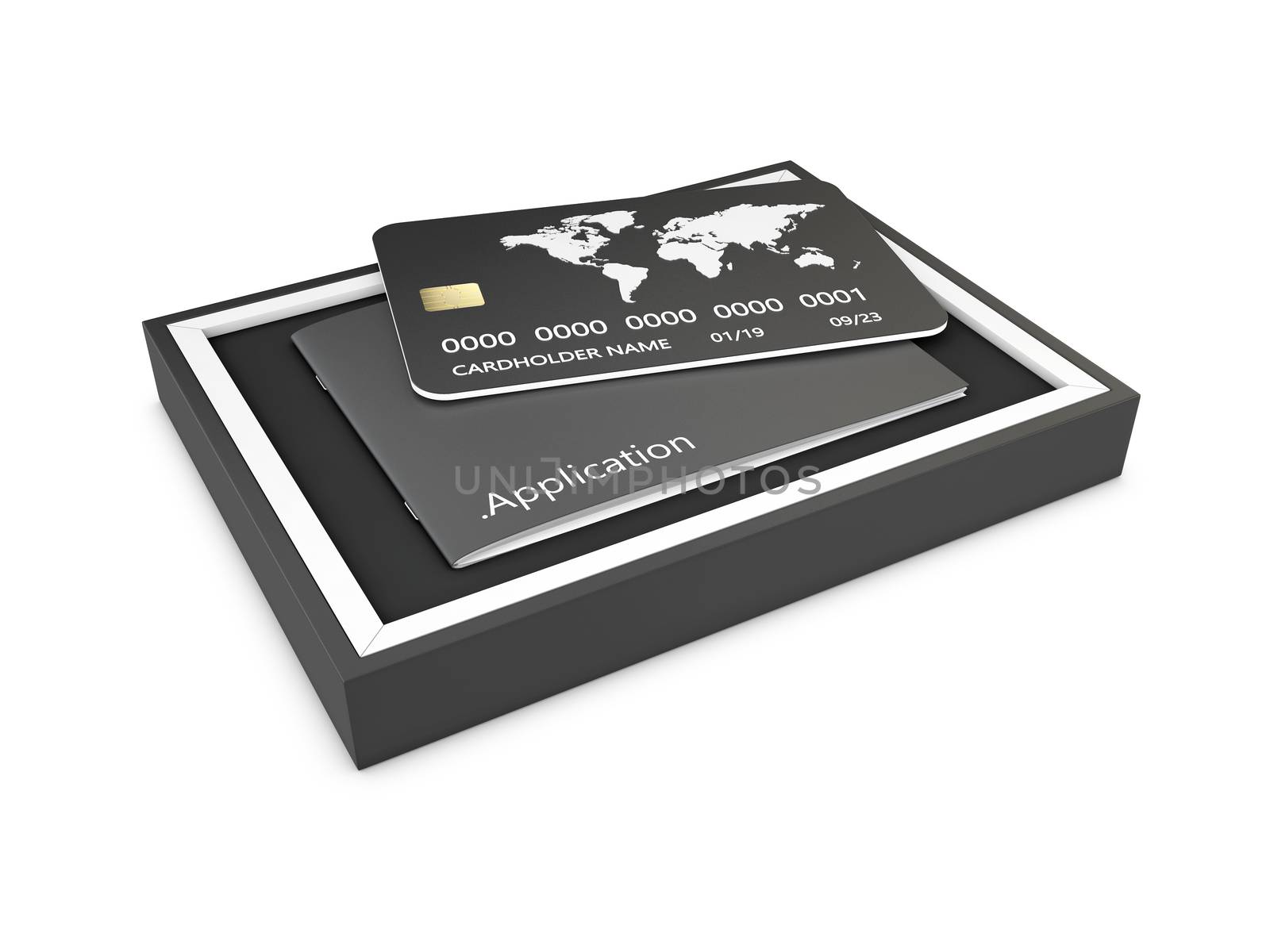 Software black box with credit card isolated on white background. 3d Illustration.