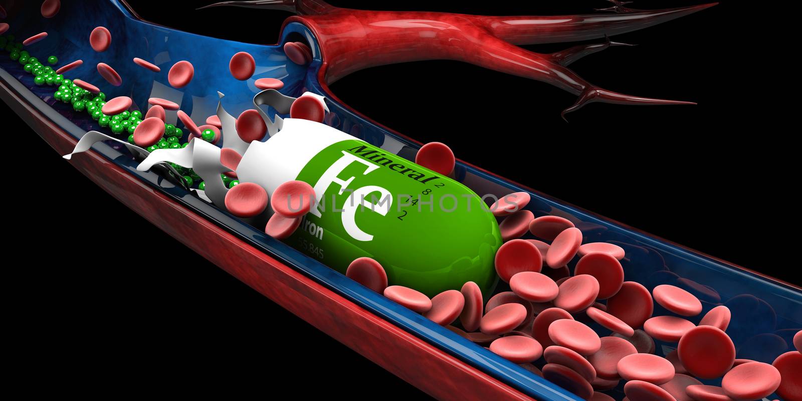 3d Illustration of Mineral Iron Capsule dissolves in the vien by tussik