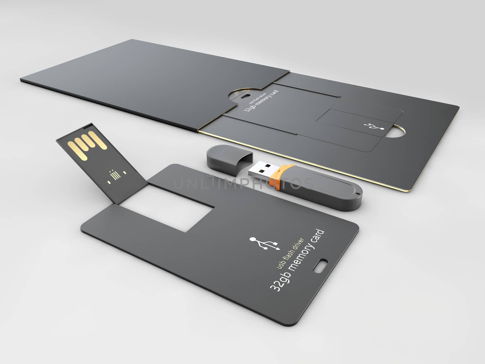 3d illustration of USB flash card empty template for corporate identity on isolated gray by tussik