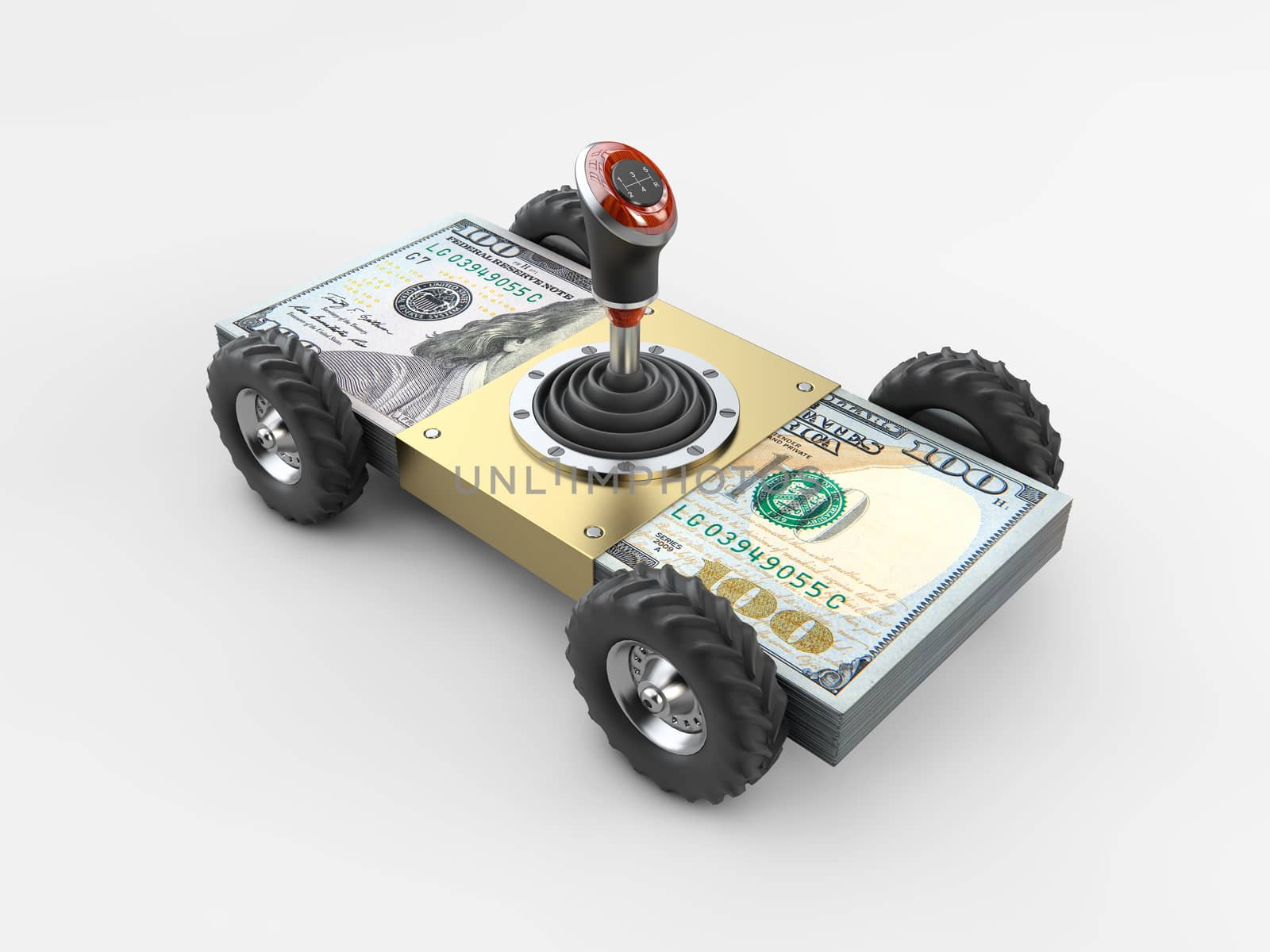 3d illustration of Money Car and Gearshift on stack of money isolated on gray background by tussik