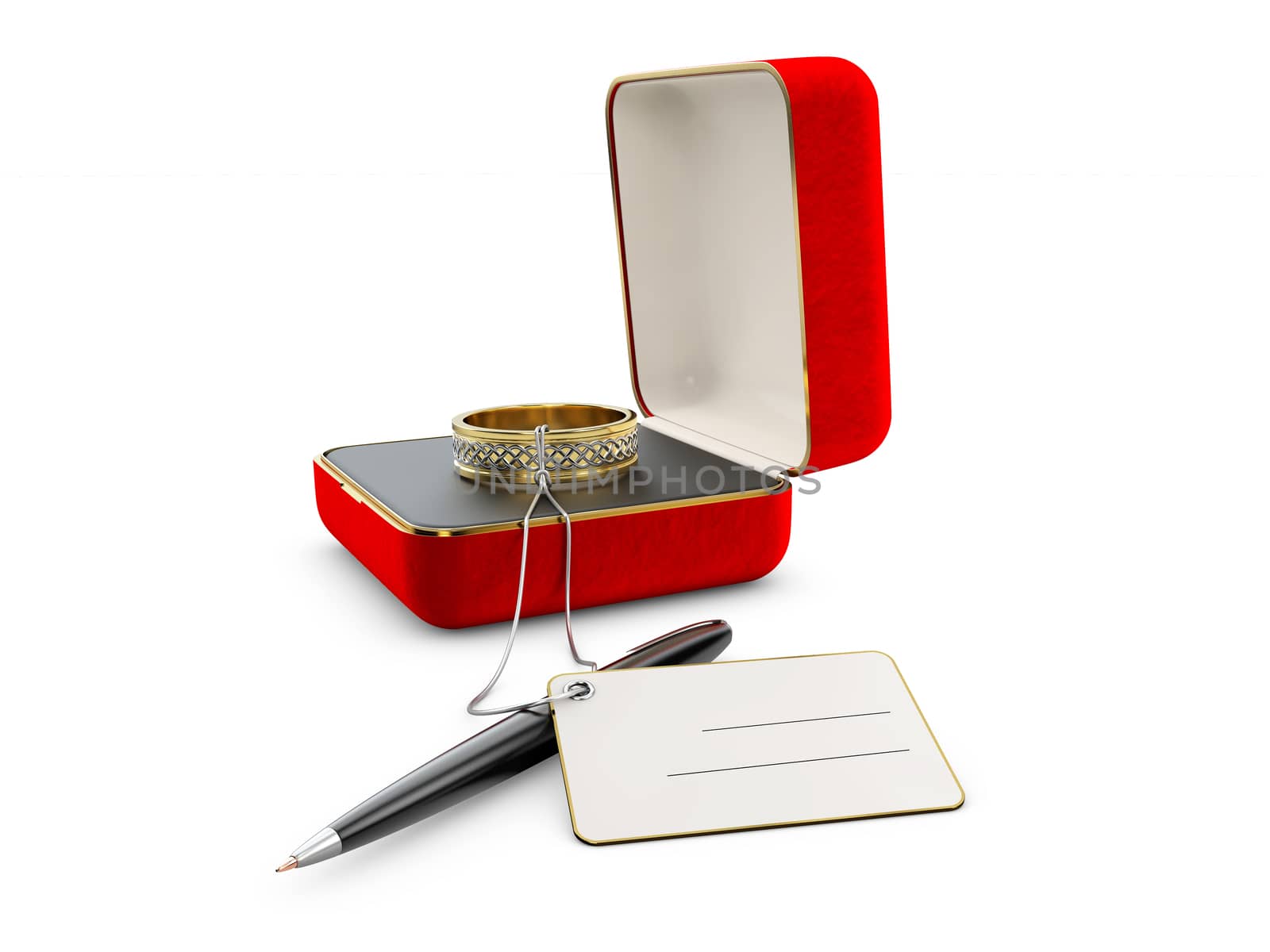 3d Illustration of red jewelry box with ring isolated on white by tussik