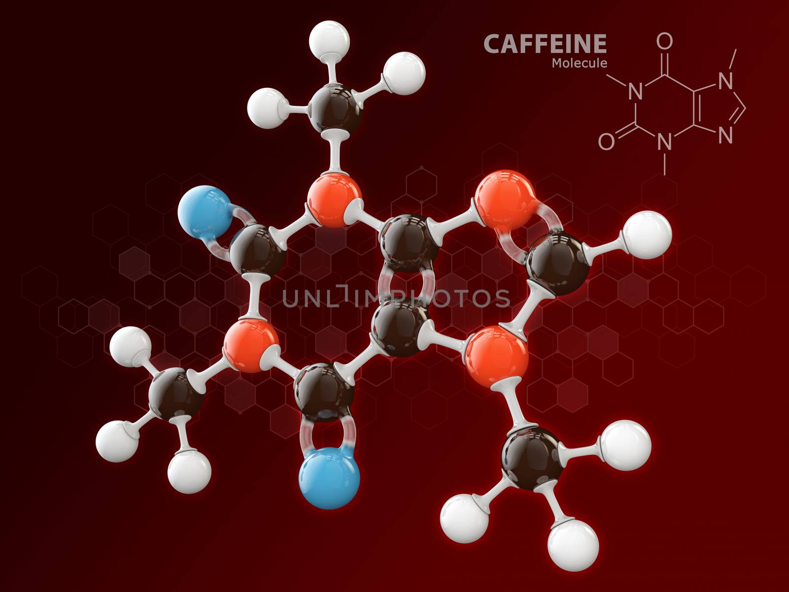 3d Illustration of Caffeine molecular model isolated red by tussik