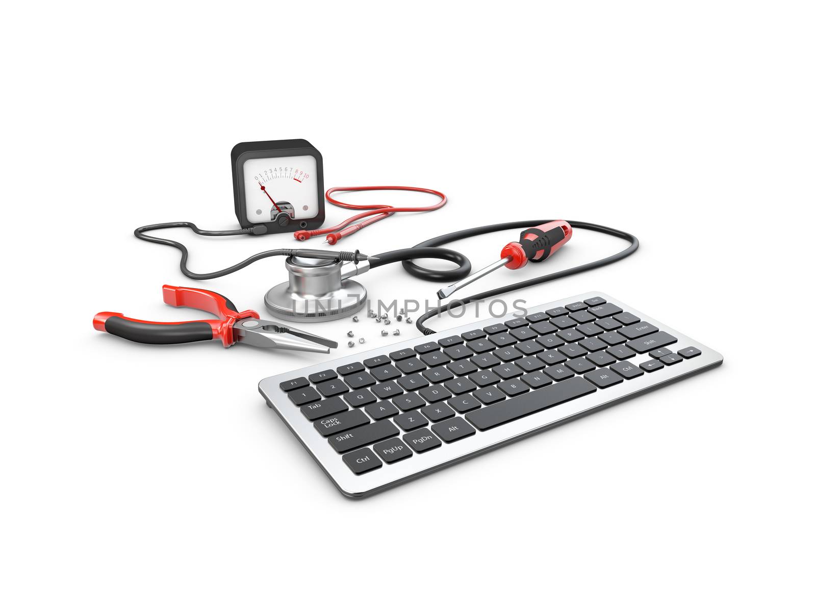 3d Illustration of Stethoscope lying with keyboard. repair concept.