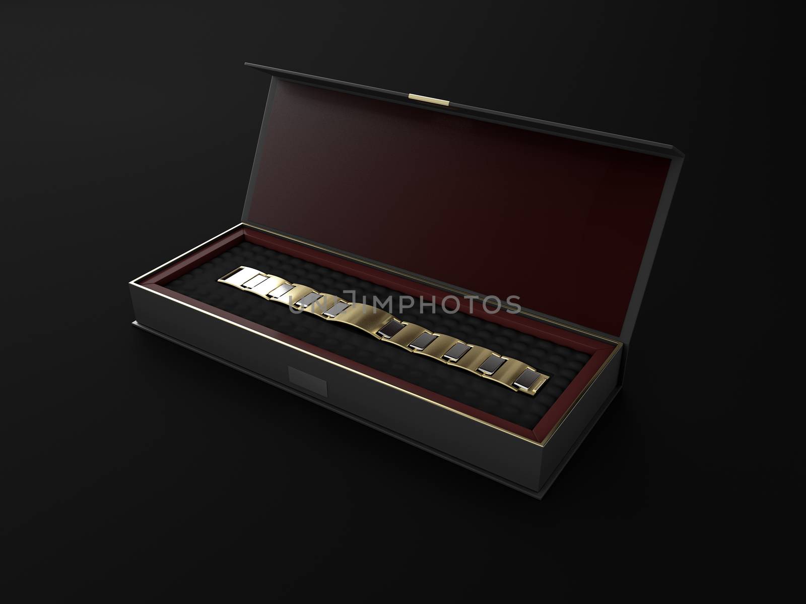 3d Illustration of Open square black gift box with bracelet on black background. by tussik