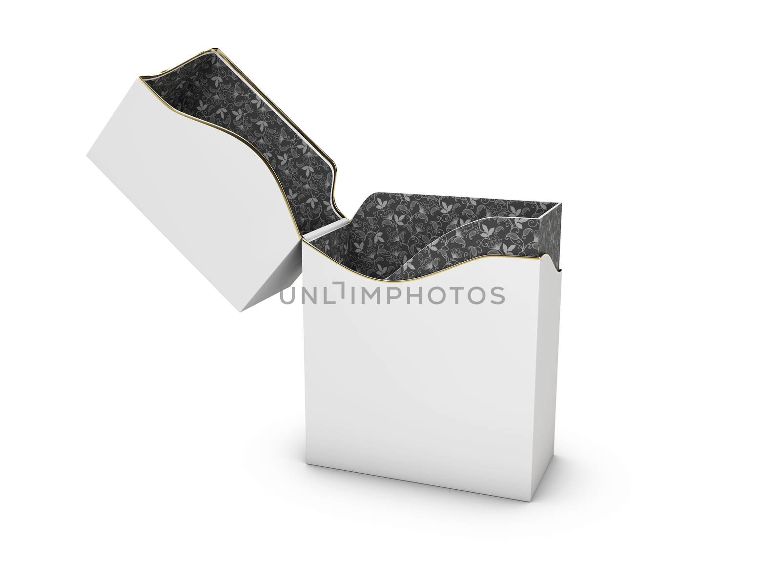 3d Illustration of blank open box, isolated white background elevated view.