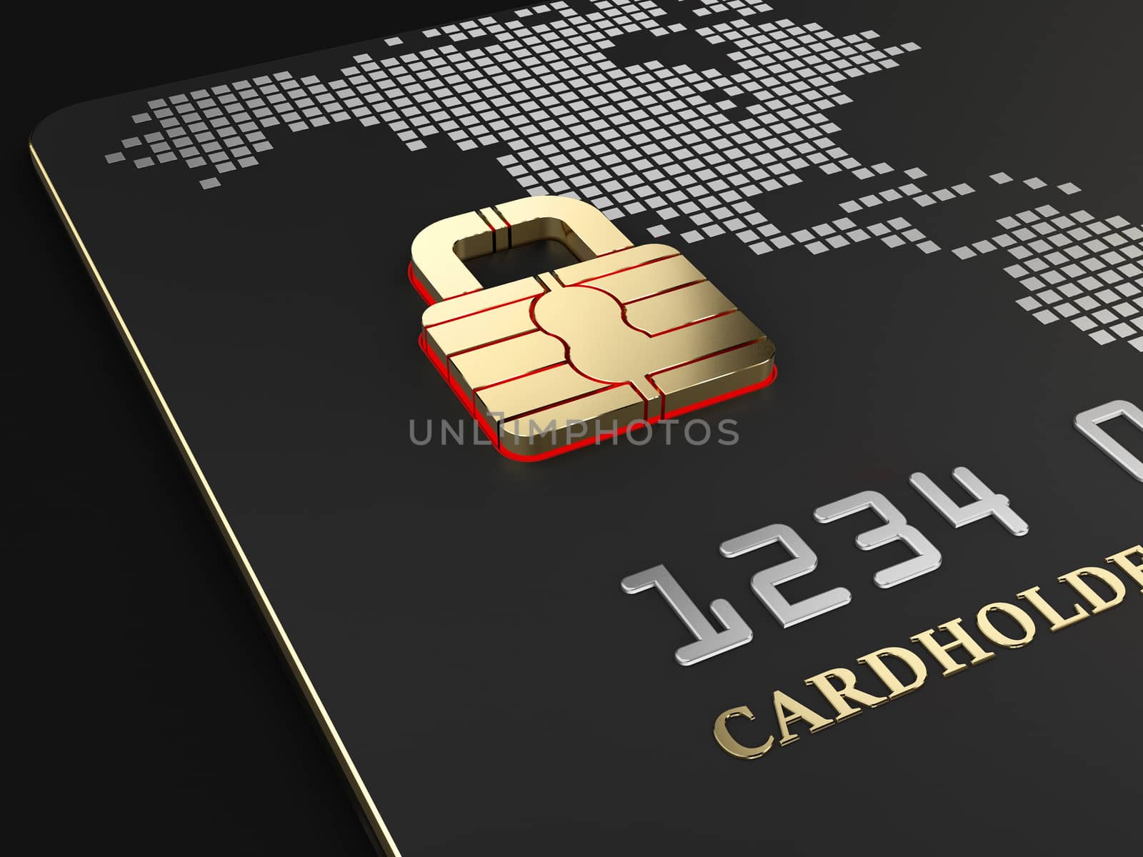 3d Illustration of Credit card security chip as padlock ,safe banking.