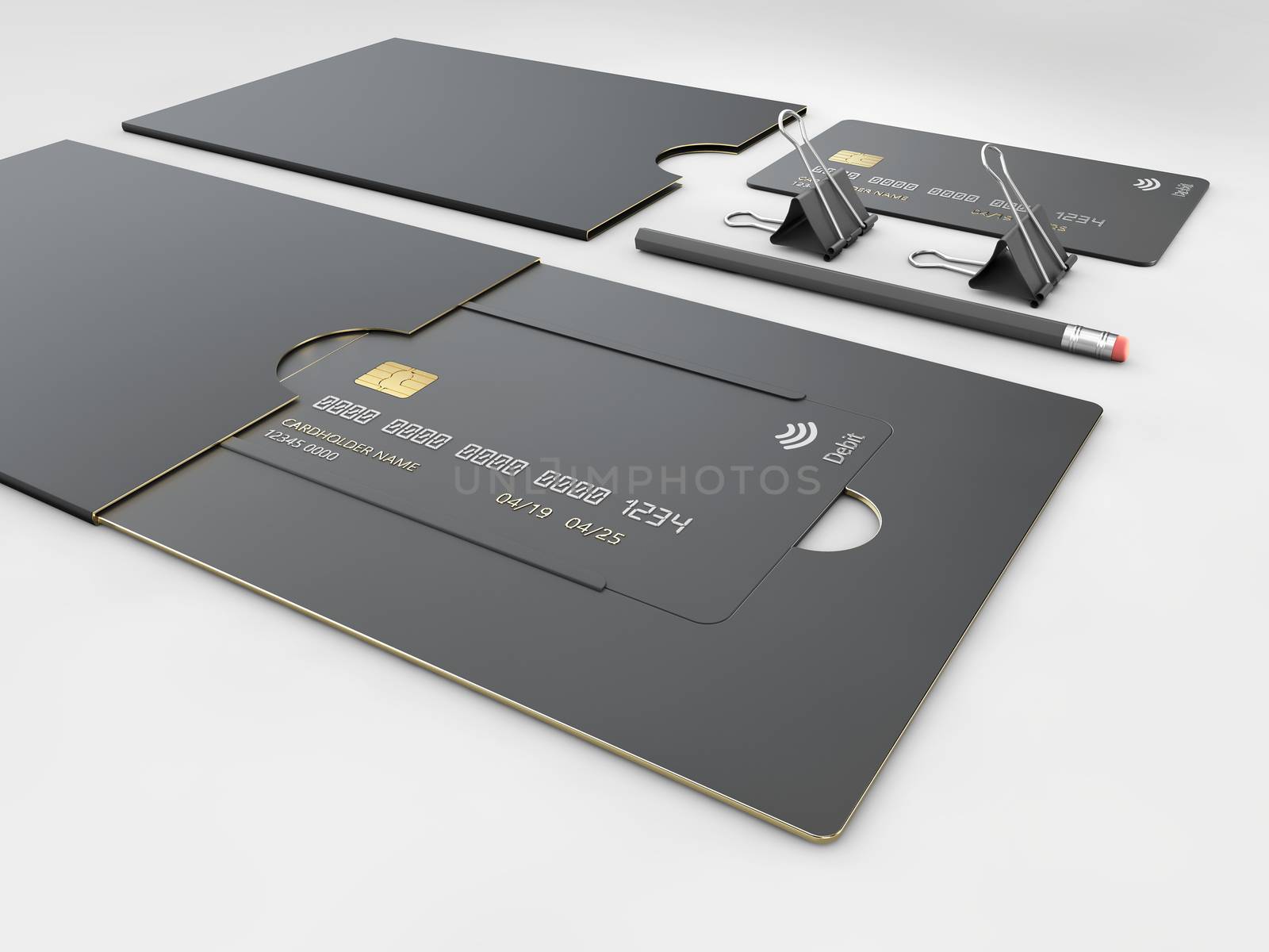 Black blank credit cards mockup on gray background. 3d illustration.