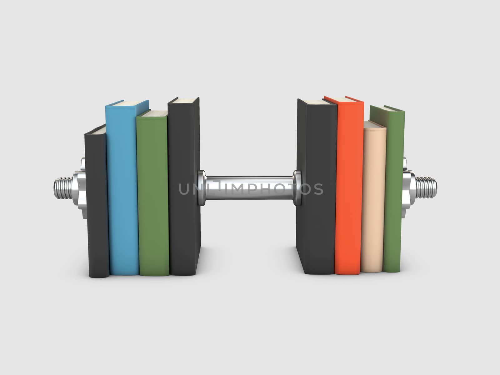 3d Illustration of dumbbell and stack of books for the concept of learning to be fit and healthy