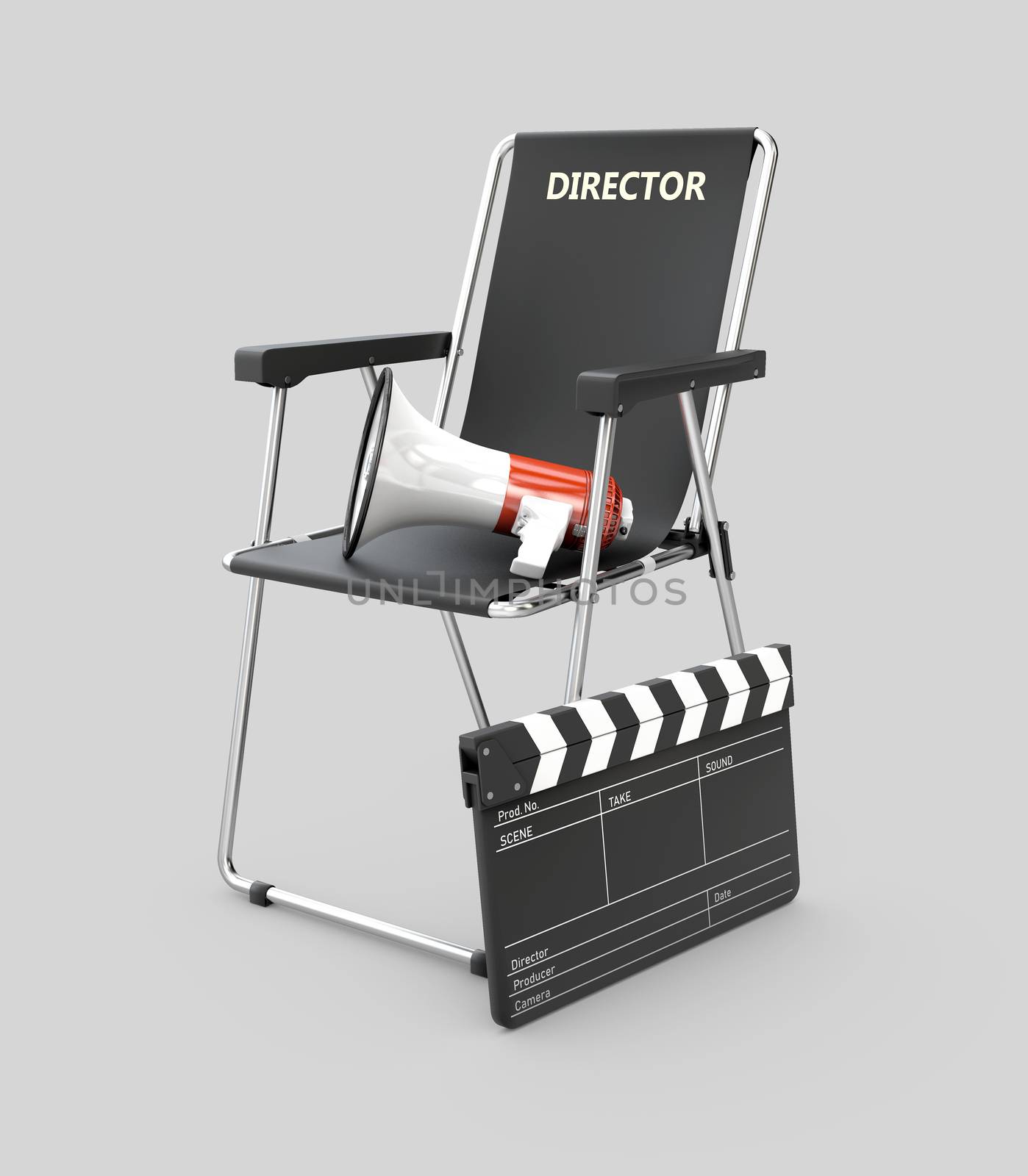 3d Illustration of movie director chair with clapperboard and megaphone by tussik