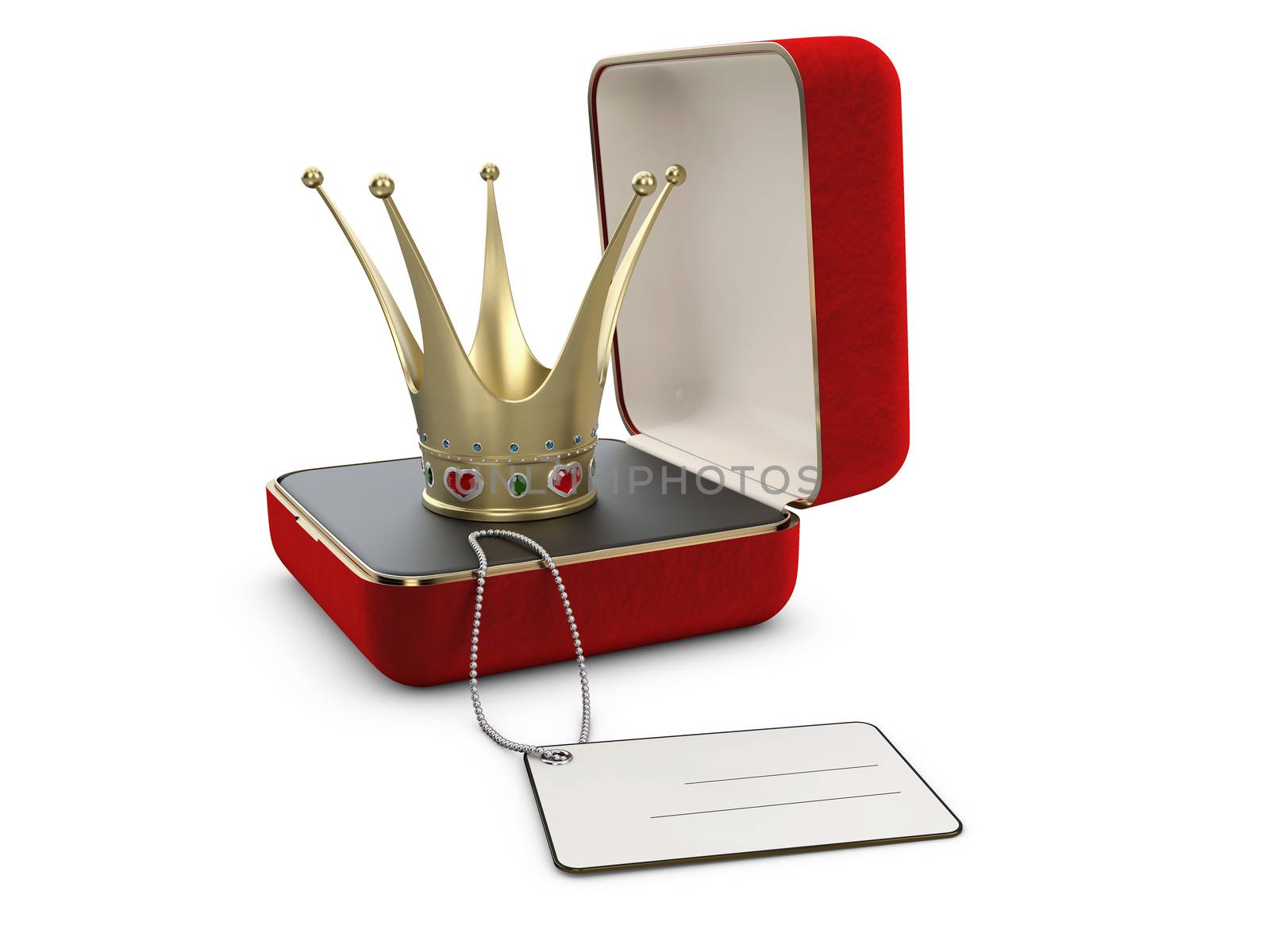 3d Illustration of red jewelry box with crown isolated on white.